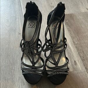 Black Strappy High Heels with Rhinestone Embellishments
